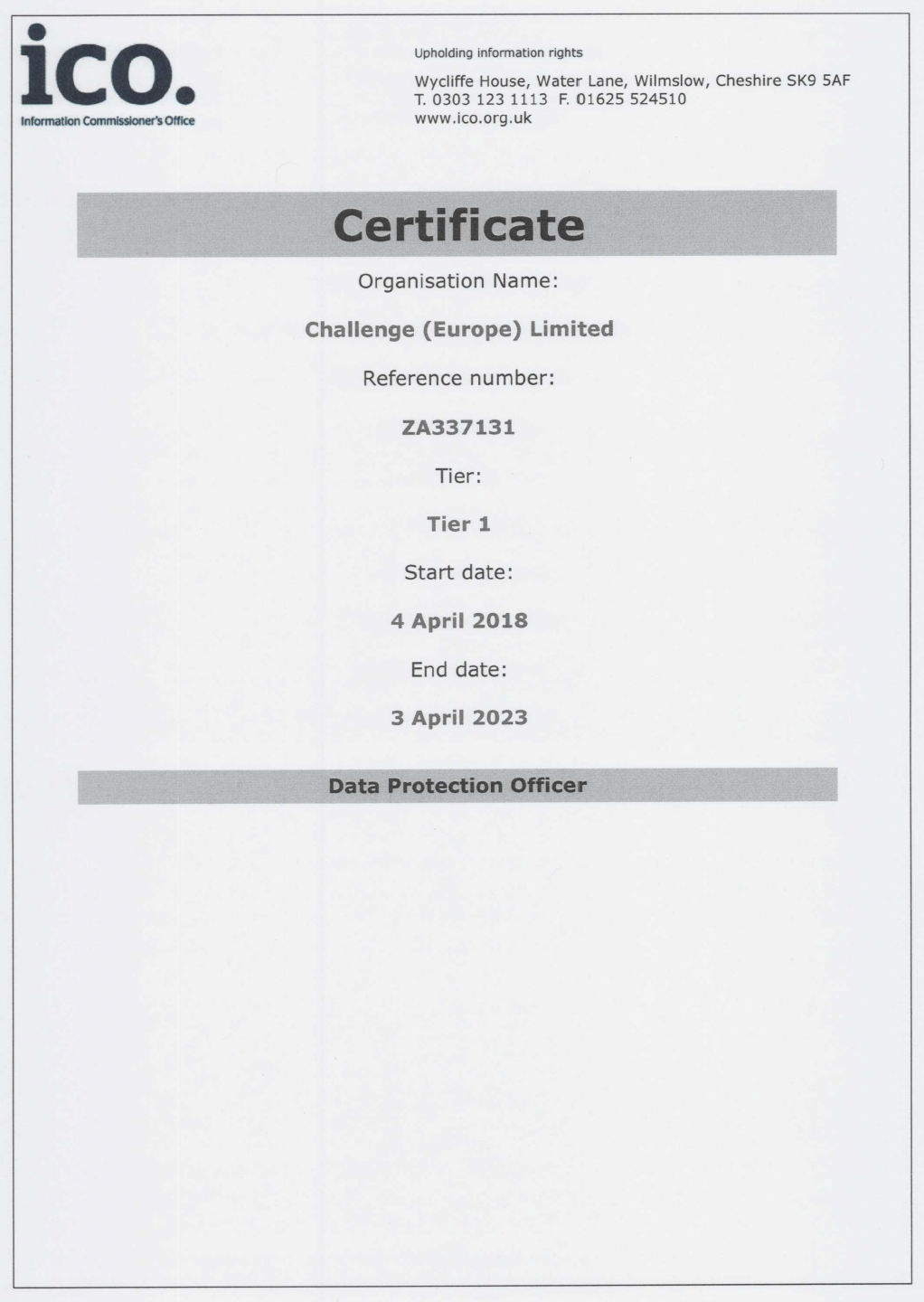 Challenge Europe ICO Registration Certificate