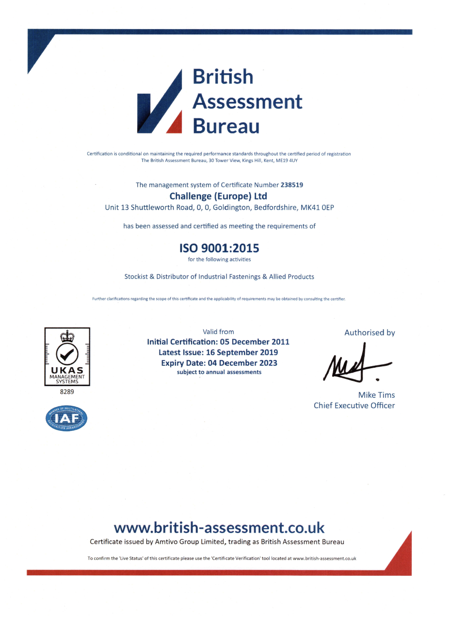 Challenge Europe ISO 9001 2015 Certificate